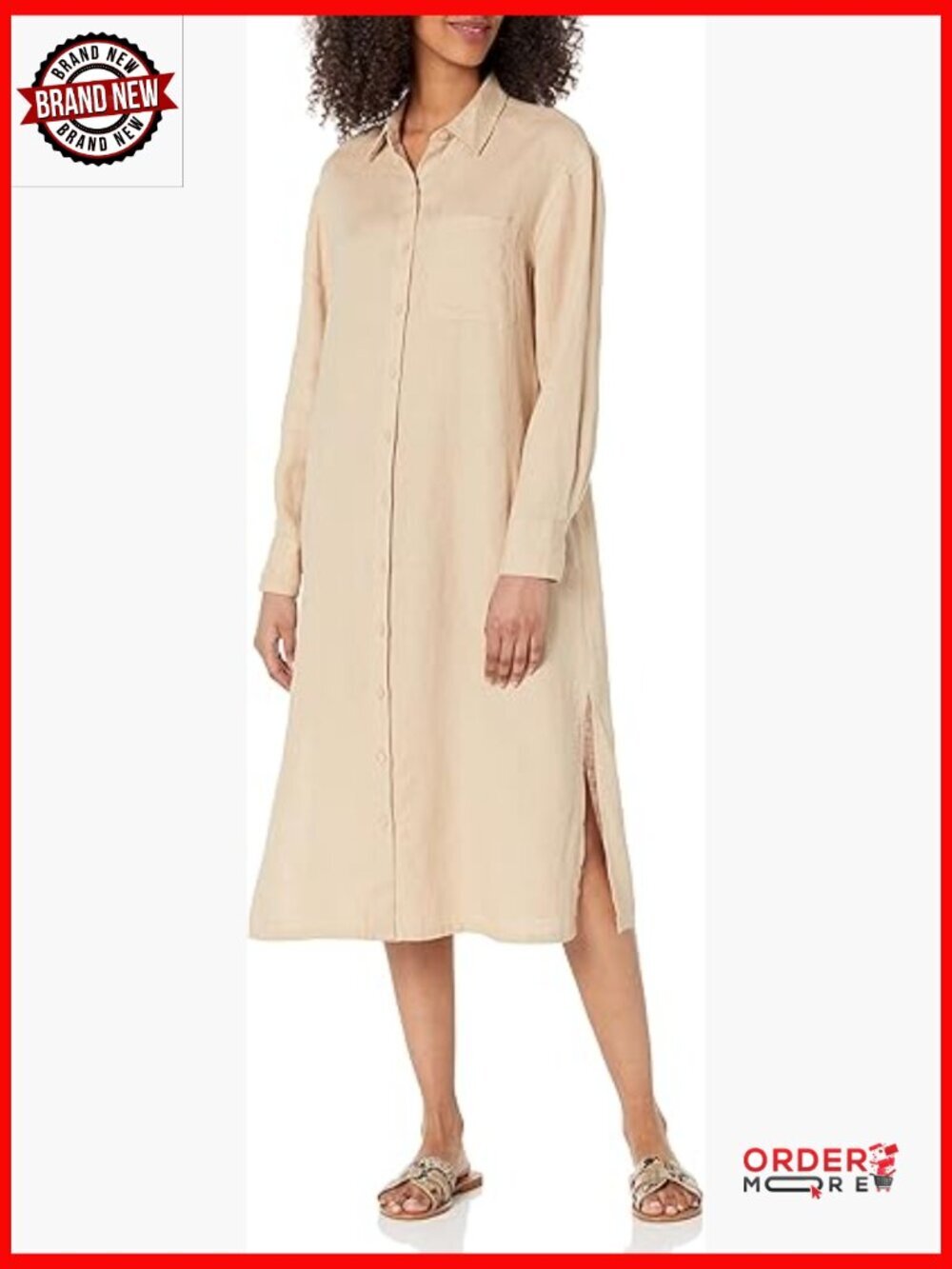 Linen Midi Shirt Dress with Button Front and Side Slits